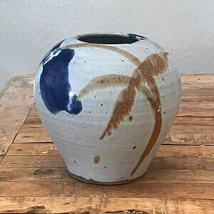 Studio Pottery Stoneware Vase 8.5" Tall Hand Painted Abstract Design